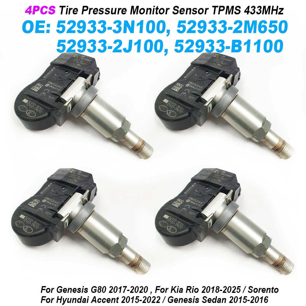 

4 шт. 52933-3N100 52933-B1100 433 МГц TPMS для Hyundai Accent 2014-2017 Genesis для KIA Sorento 2015-2017 52933-2J100 52933-2M650