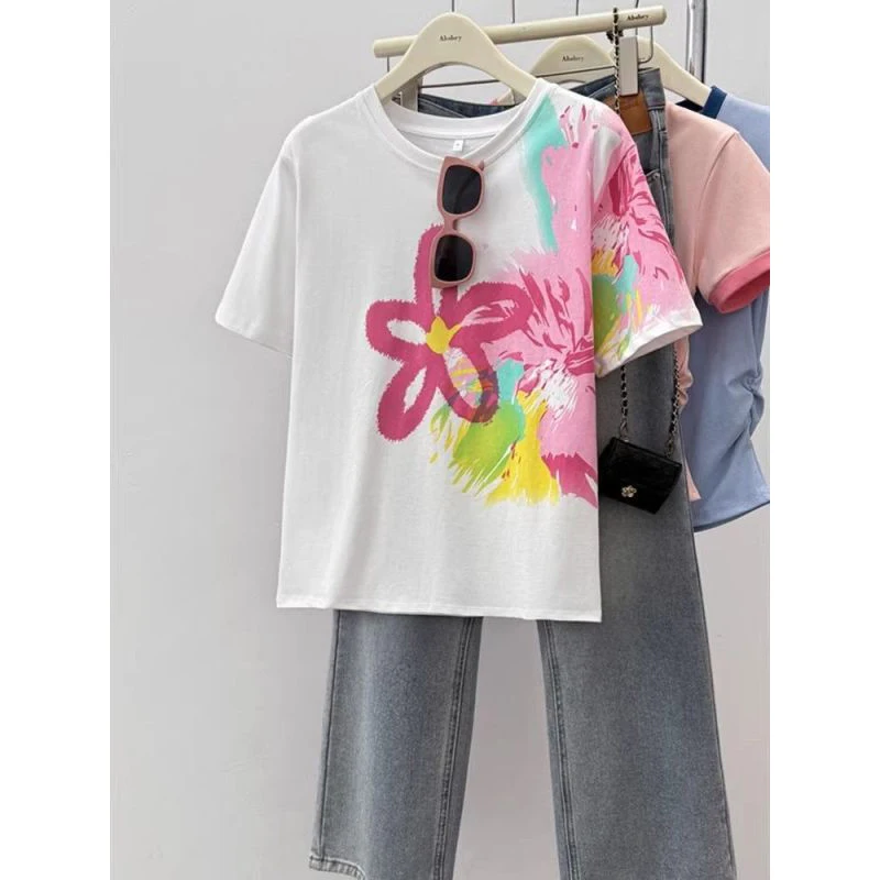 Women Summer Fashion Trend Loose Tie Dye Cotton O-neck Short Sleeve T-Shirt Women Clothes Casual All-match Appear Thin Top Tee