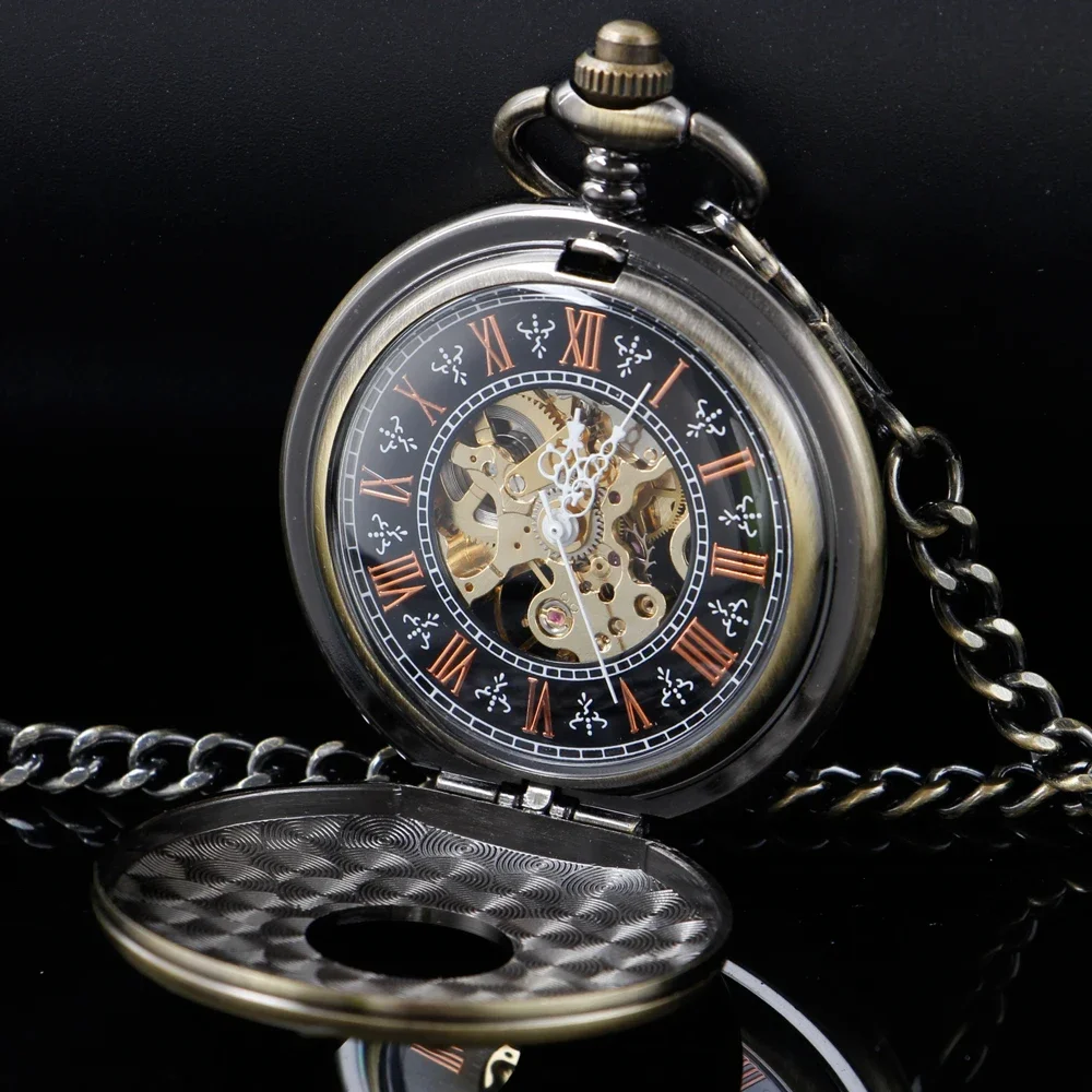 Old Fashion Hollow Half Hunter Clock Hand Wind Mechanical Skeleton Pocket Watch for Men Women Pendant Chain Watch PJX1658