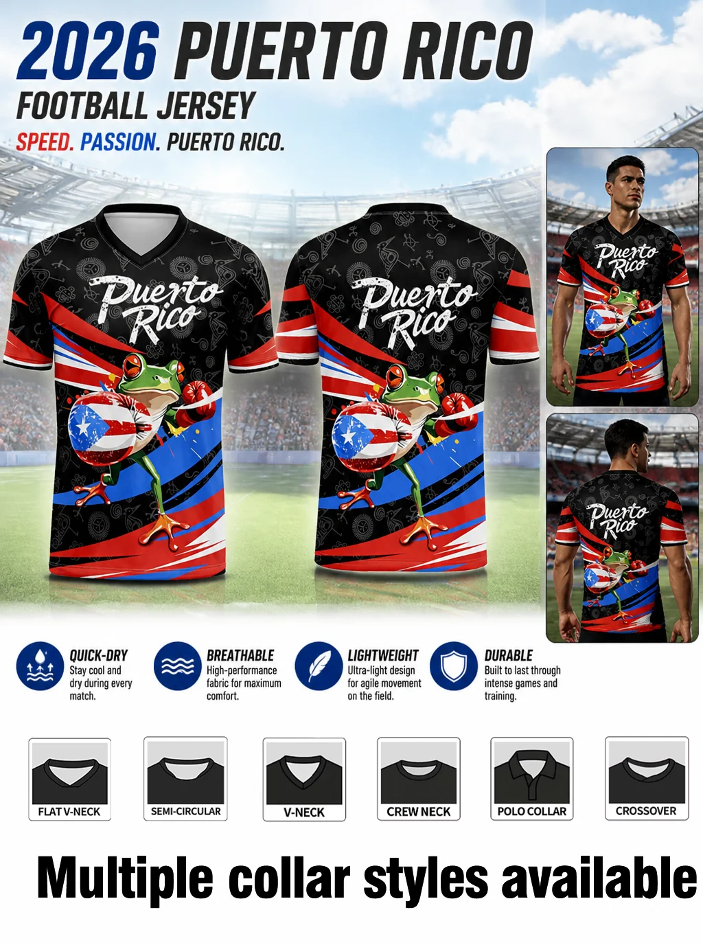 2026 Puerto‑Rico football jersey, boxing frog graphic with flag‑style boxing gloves, quick‑dry breathable lightweight fabric