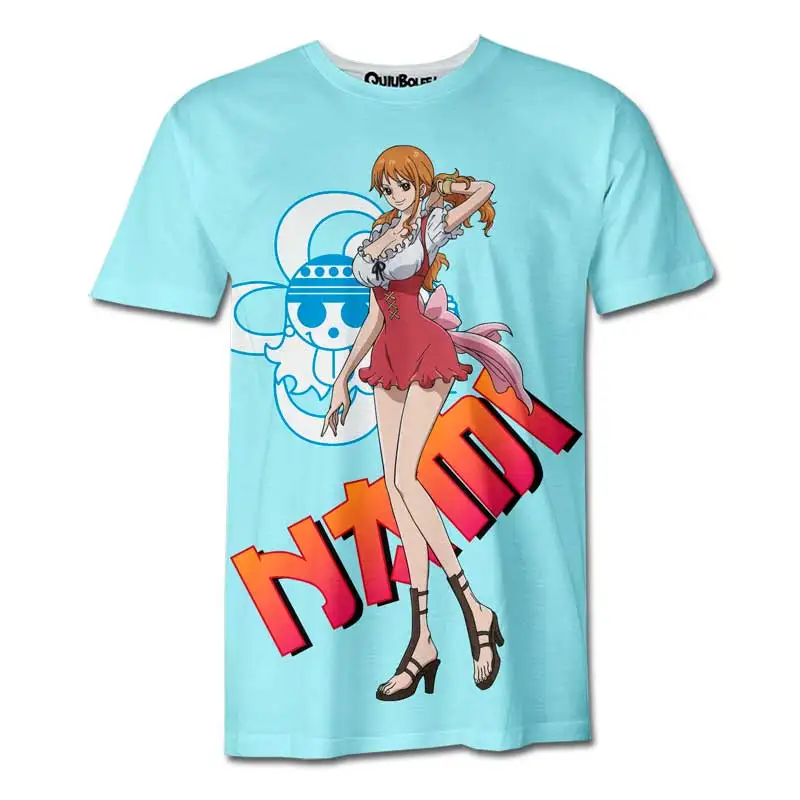 Camiseta de One Piece Nami Straw Hat Pirates para hombre y mujer, camiseta informal de secado rápido con estampado de personajes en azul claro, texto japonés, camiseta informal de Anime