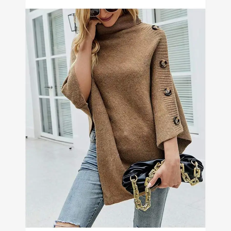 

Autumn Winter Camel Color oulder Wrap Cowl Ne Pure Color High Collar Knitted Sweater Coat Street Sle Women's Faion
