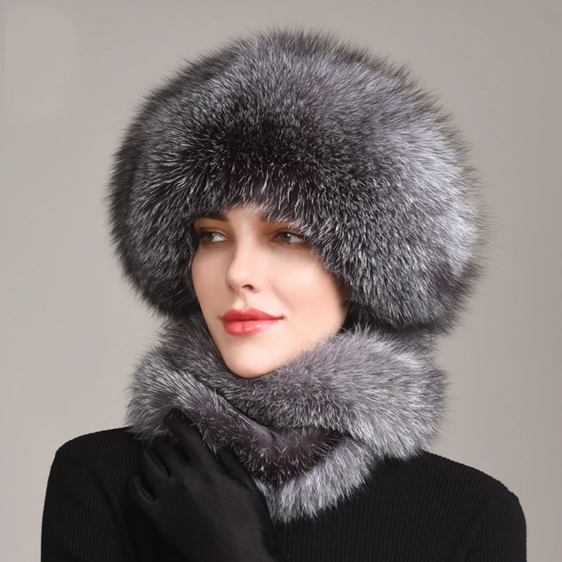 Women\'s Winter Hat With Real Natural Fox Fur Surround Extra length Can Be Used As A Scarf With Hanging Chain In The Back Caps