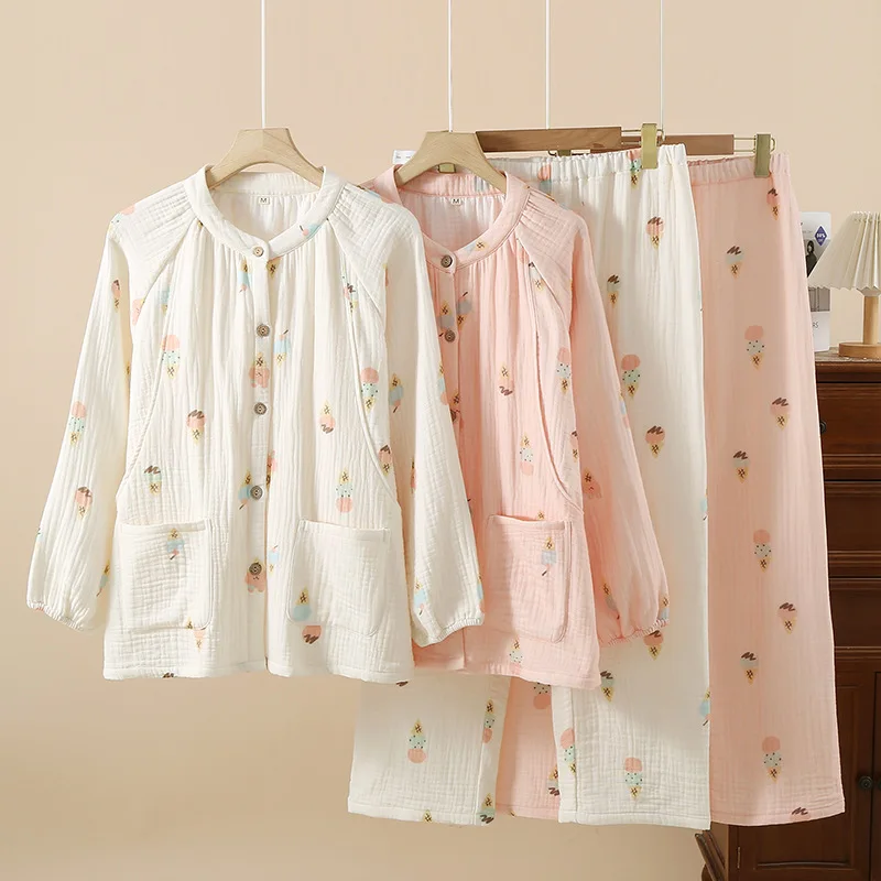 

Pure Cotton Four Layer Gauze Maternity SleepwearSpring and Autumn Winter Thick Maternity and Postpartum Nursing Home Clothes