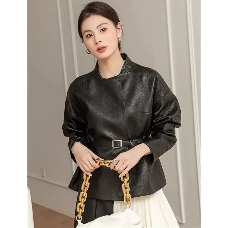 Fashion Belt PU Leather Jacket Female 2024 New Spring Autumn Coat Mid-Length Black Motorcycle Coat Outerwear Street Decoration