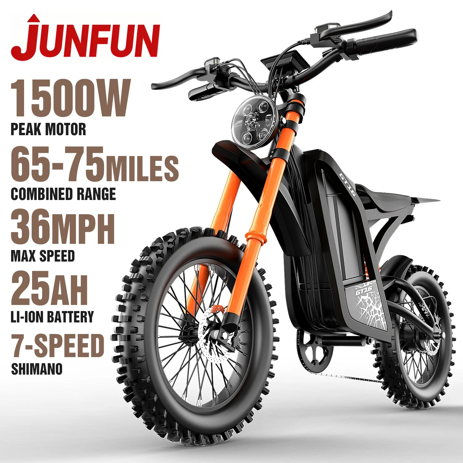 

JUNFUN Electric Dirt Bike Teens Adults Electric Bike, 1500W 48V 25AH Removable Battery with Dual Brakes, Full Suspension