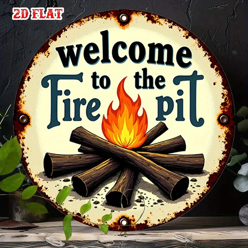 2D Flat 1pc Welcome Firepit Round Aluminum Sign, Cozy Gatherings Metal Tin Sign - Outdoor Nights Rustic Metal Wall Art, Campstyl