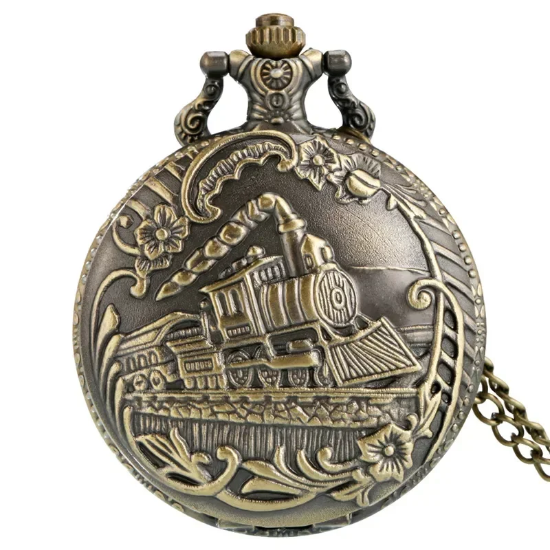 Antique Locomotive Steam Train Pattern Pocket Watch Retro Quartz Clock for Men Women Collectable Timepiece with Long Chain Gift