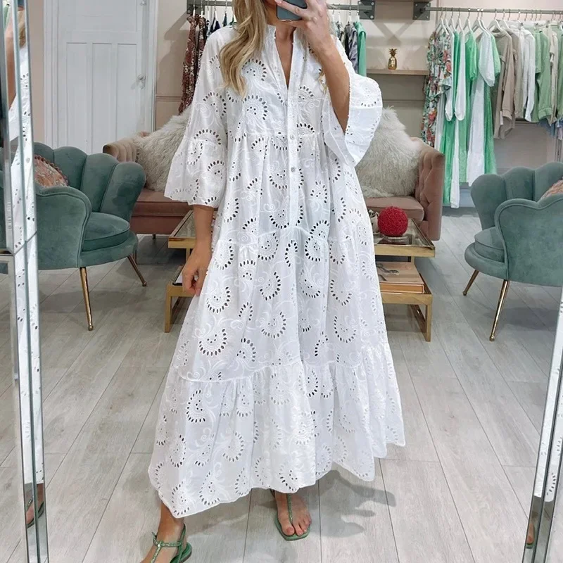 

V-Neck Lace Hollow Solid Color Long Dress Women Summer Casual Maxi Beach Vestido New Fashion Women's Bohemian Dresses Y2k Платье