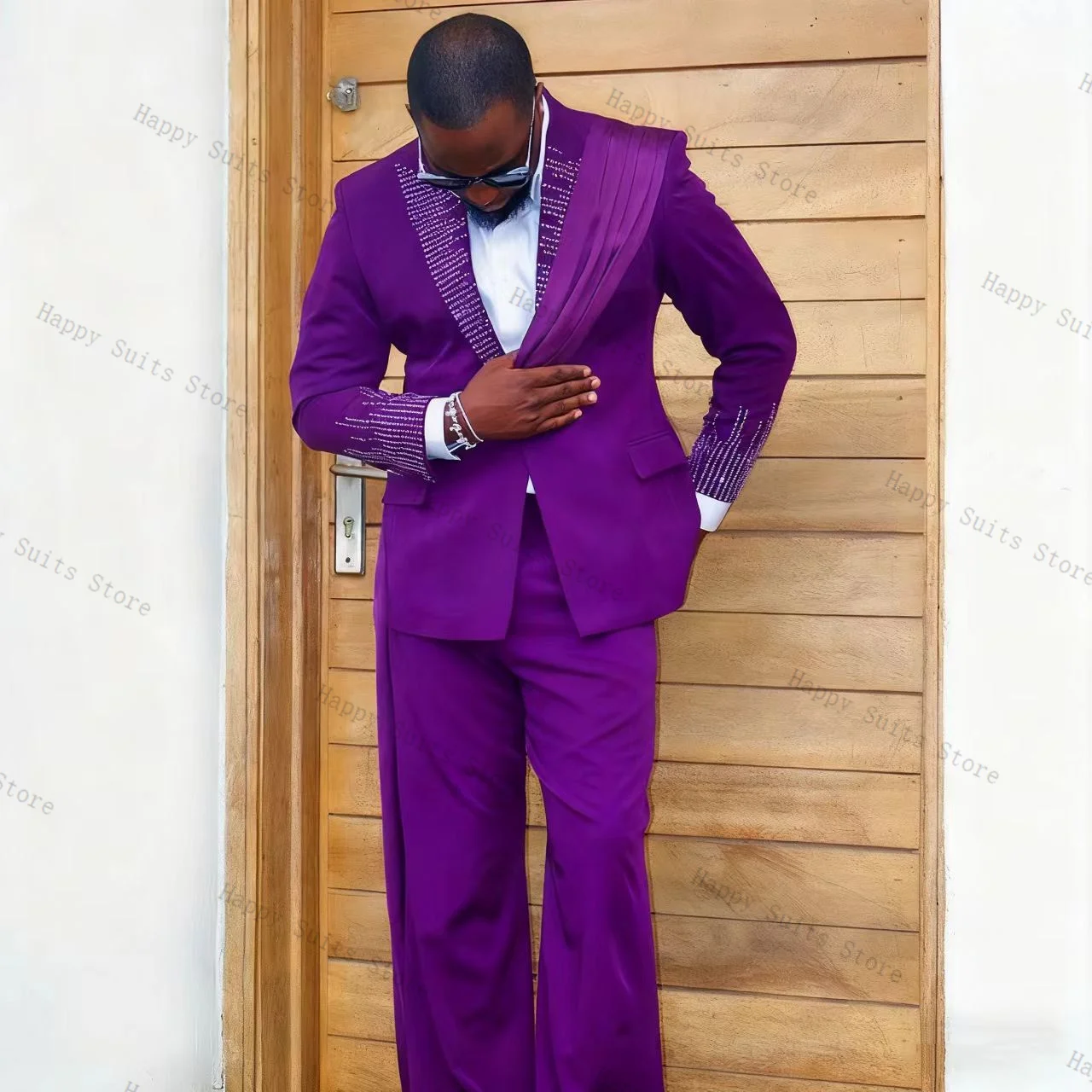 

Purple Men Suit Set 2 Pcs Blazer+Pants Trousers Belted Formal Office Coat Luxury Beaded Wedding Tuxedo Customized Jacket