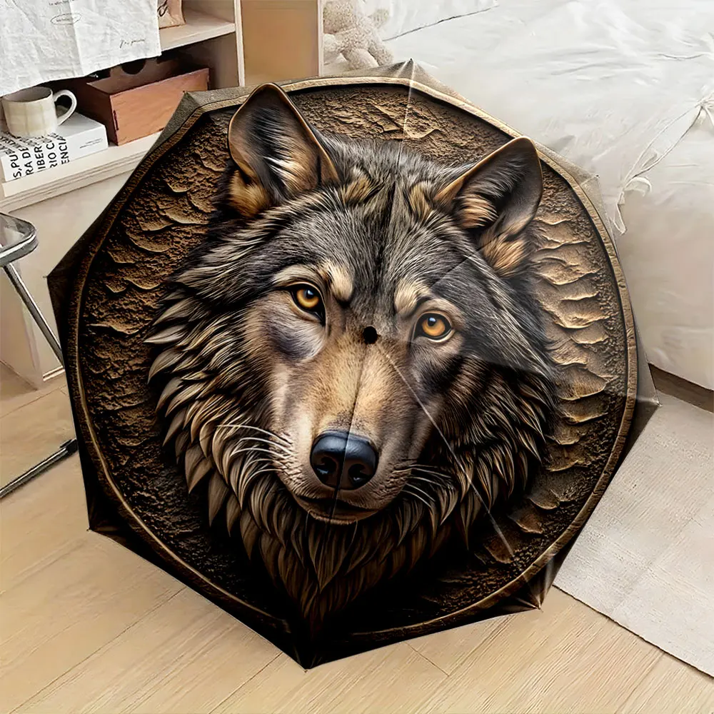1PC Wolf-Patterned Umbrella with Realistic Design Print 8 Iron Ribs Folding Umbrella Auto-Open Fashion Sunshade