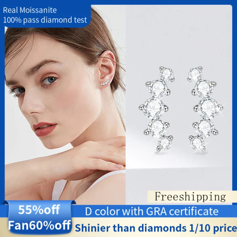 RealMoissanite Ear Studs Curved Five-Stone Style Women's Diamond Earrings Silver Earrings s925 100%Pass the Diamond Test NIKA