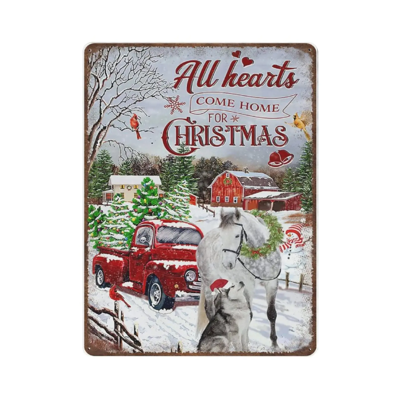 Vintage Thick Metal Tin Sign-All Hearts Come Home for Christmas Red Truck Sign -Novelty Posters，Home Decor Wall Art，Funny Signs