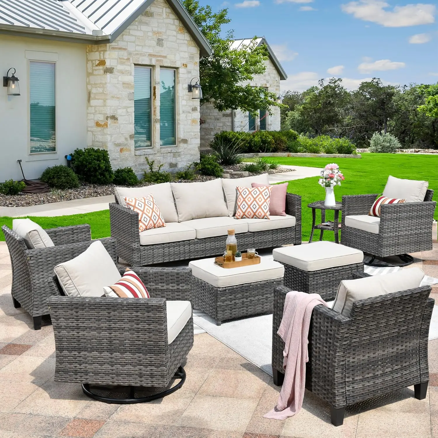 Wicker Patio Conversation Sets,8 Piece Outdoor Furniture Set with Swivel Rocking Chairs,All Weather Out Door Rattan Couch Chairs