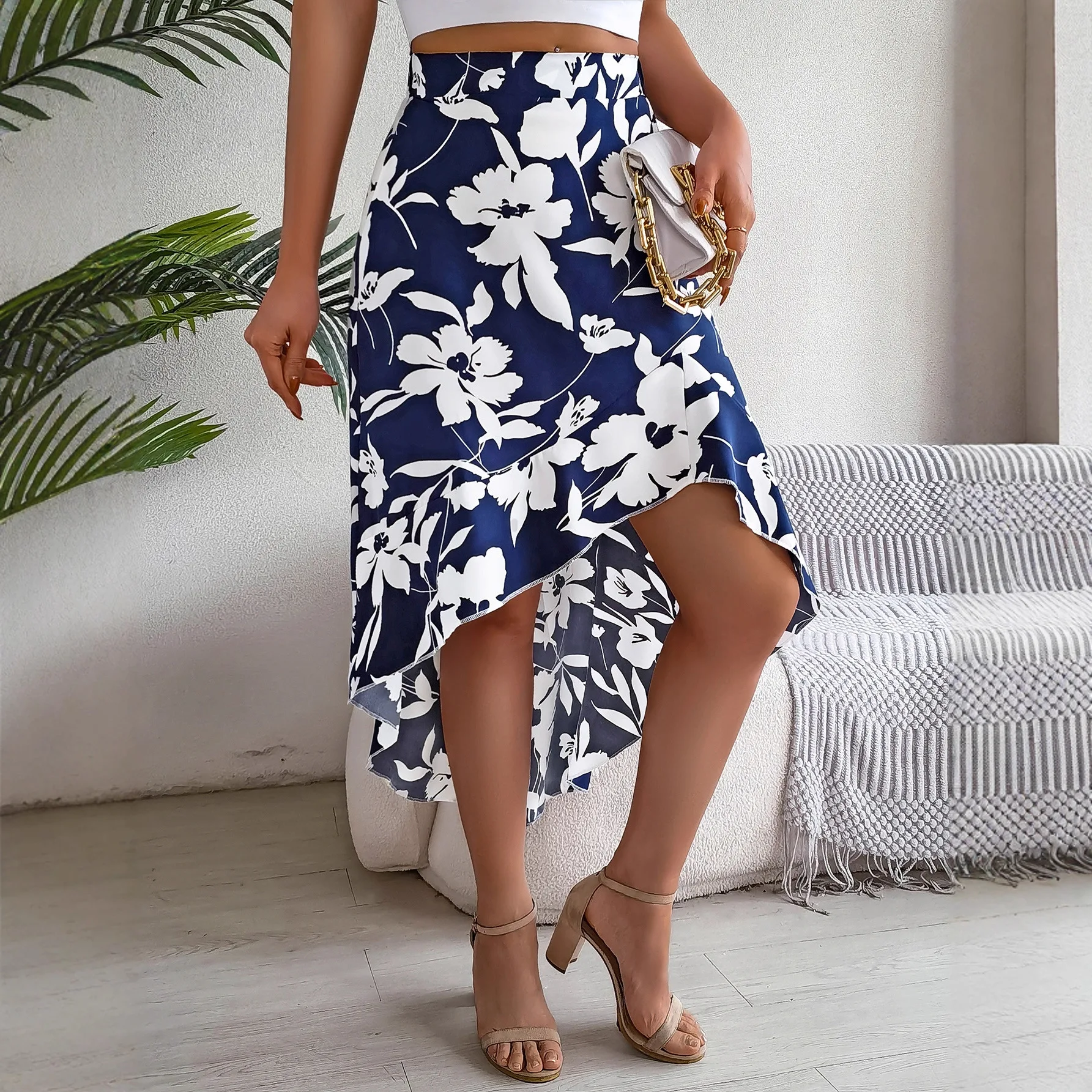 

Ladies' Printed Patchwork Knee Length Skirt For Spring And Summer 2025 Elegant Floral Ruffle Mid Length Irregular Skirts