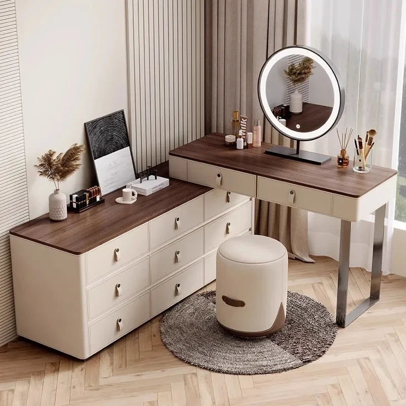 Dresser integrated retractable end of bed walnut makeup table storage cabinet combination