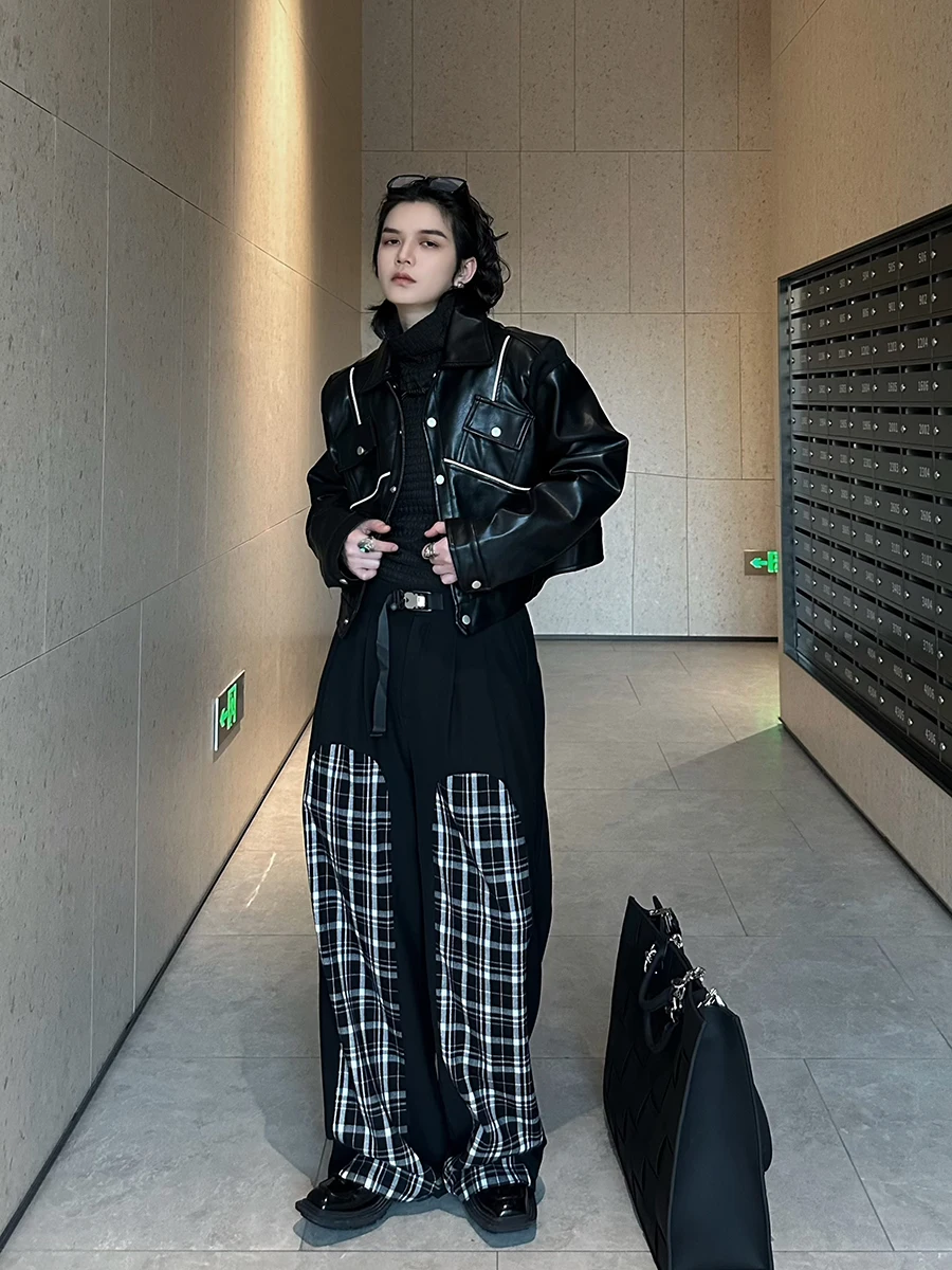 2025 Spring Autumn Line Design American Style Coats Male Contrast Color Faux Leather Jackets Casual Motorcycle Leather Jacket