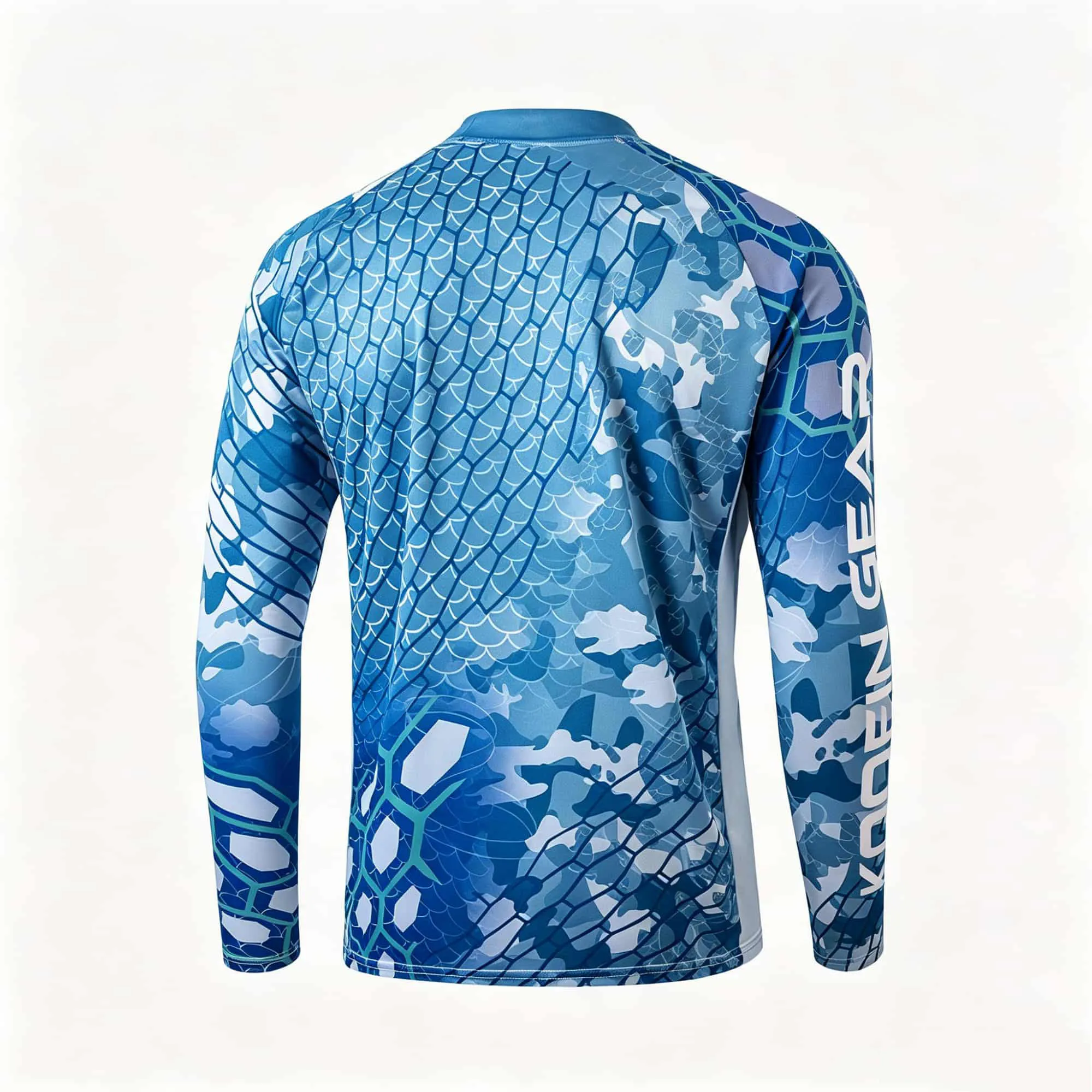 Men Outdoor Fishing Long Sleeve T‑Shirt Blue Gradient Fish Scale Camo Print Quick Dry Breathable Hiking Boating Sports Tops