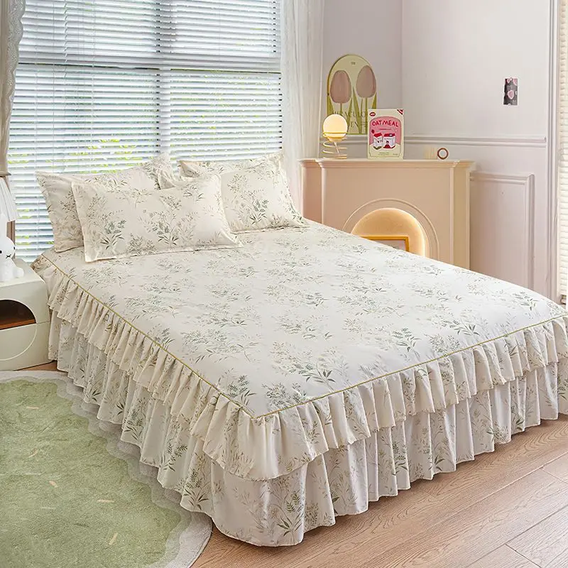 Korean Style Cartoon Bed Skirt Single Mattress Cover Non-Slip Protection Double Bed Cover with Bilateral Skirt