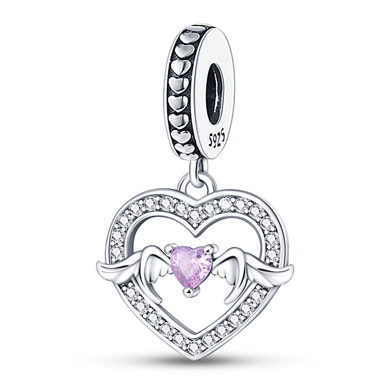 

New 925 Sterling Silver Heart Shaped Wing Zircon Pendant Fit 3mm Original Bracelet DIY Women Exquisite Birthday Jewelry Gifts