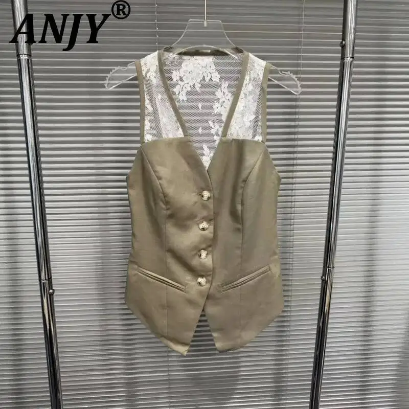 

ANJY Spring Summer New Women Trendy Color Block Lace Buckle Waist-Cinching Vest High-End French Style Patchwork Waistcoat A23809