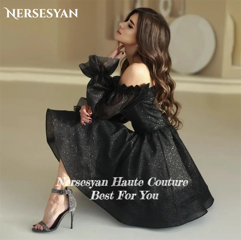 Nersesyan Black Glitter A-Line Occasional Party Gowns For Prom Off Shoulder Ruched Long Sleeves Sequins Evening Dresses Backless