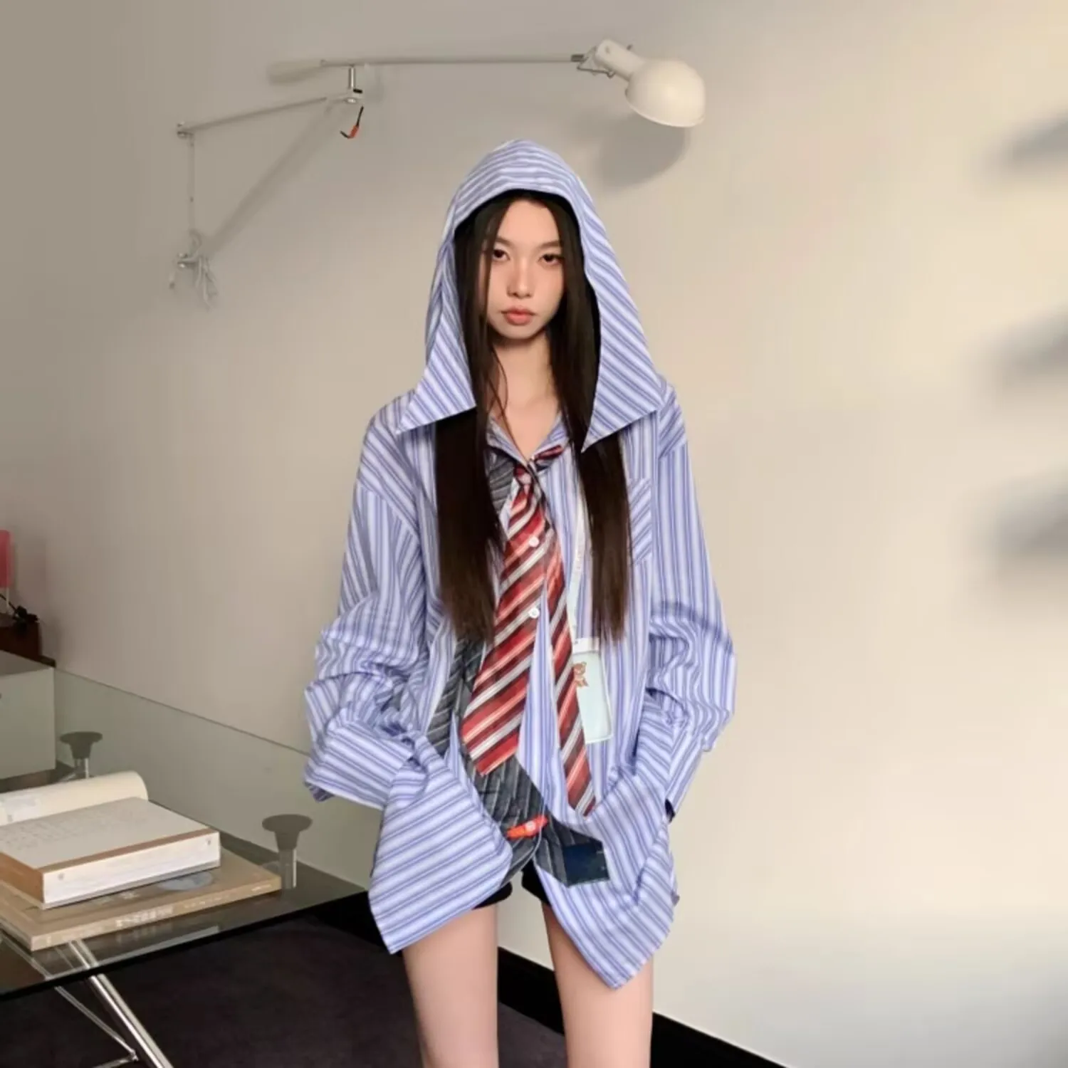 

Spring Blouse Women Striped Hooded Long Sleeve Oversized Korean Fashion Casual Shirt Y2k Vintage Office Lady Tops Mujer