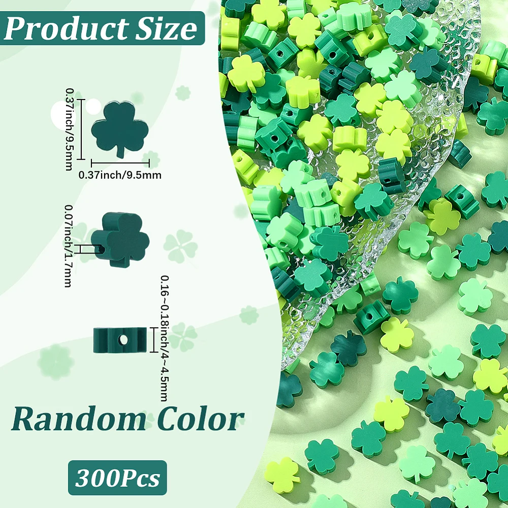 1 Box 300pcs St. Patrick's Day Clover Beads Lucky Clover Beads Good Luck Shamrock Irish Green Three Leaf Shape Clay Loose