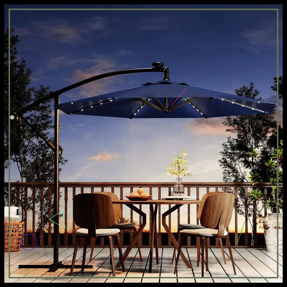 

10 ft Solar Cantilever Umbrella with LED Lights, UV Protection & Easy Tilt for Outdoor Patio, Pool, Garden in Navy Blue