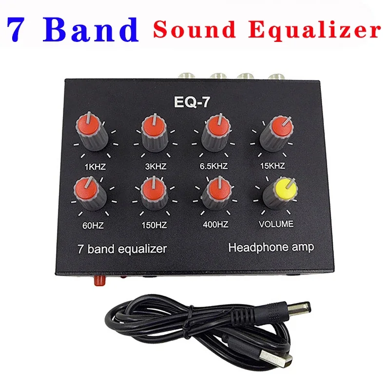 

DC 5V-12V Equalizer Audio Signal Preamplifier 7 Band Equalizer Adjust High School Bass Sound Phone Computer Headphone Amplifier