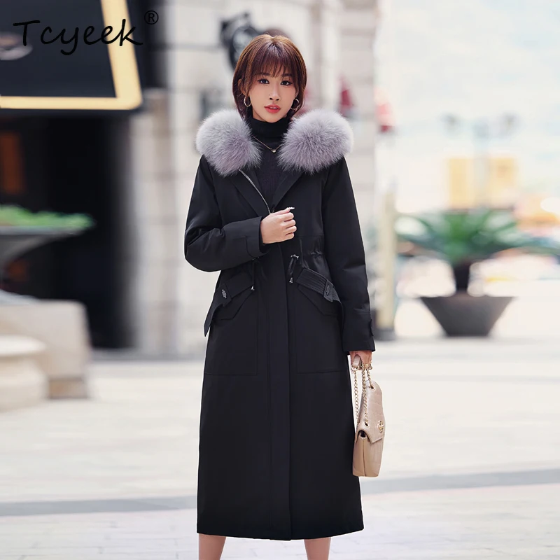 Tcyeek 가을 겨울 탈부착 가능한 수달 토끼털 안감 가을 겨울 고급 후드 롱 여성 파카 퍼 여성용