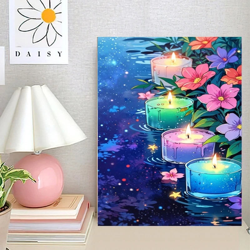 Floating Candles on Water with Flowers Modern Canvas Oil Painting Paint by Numbers for Living Room Bedroom Home Decor No Frame
