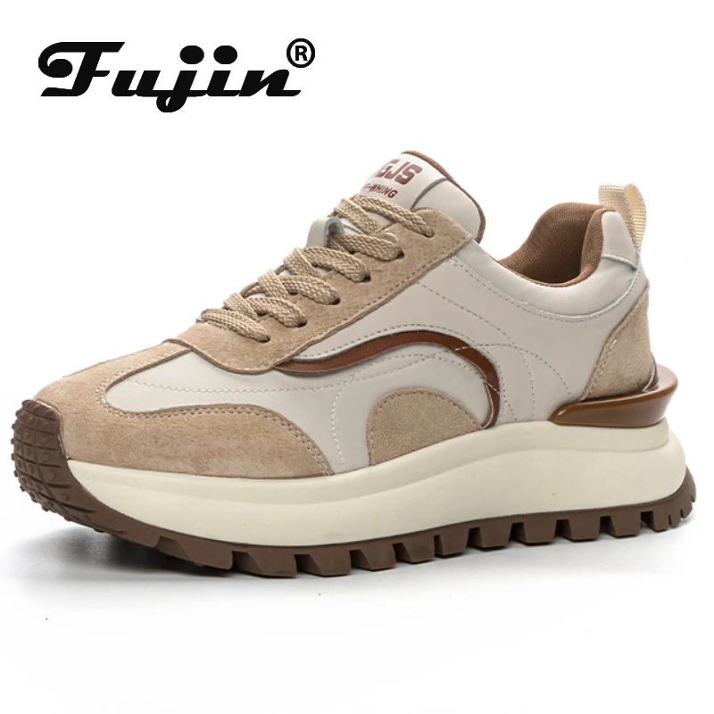 

Fujin 4.5cm Pigskin Cloth Synthetic High Brand Vulcanize Chunky Sneaker Women Shoes Comfy Loafer Platform Flats Fashion Leather