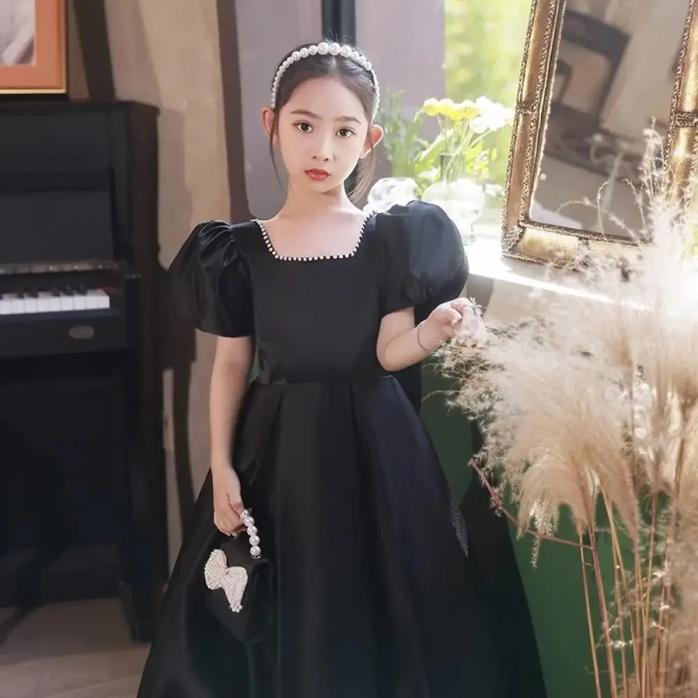 Black Long Dress Square Neck Girl Dresses Performance Clothing Elegant Kids Clothes High-Grade Gala  Dress for Young Girls