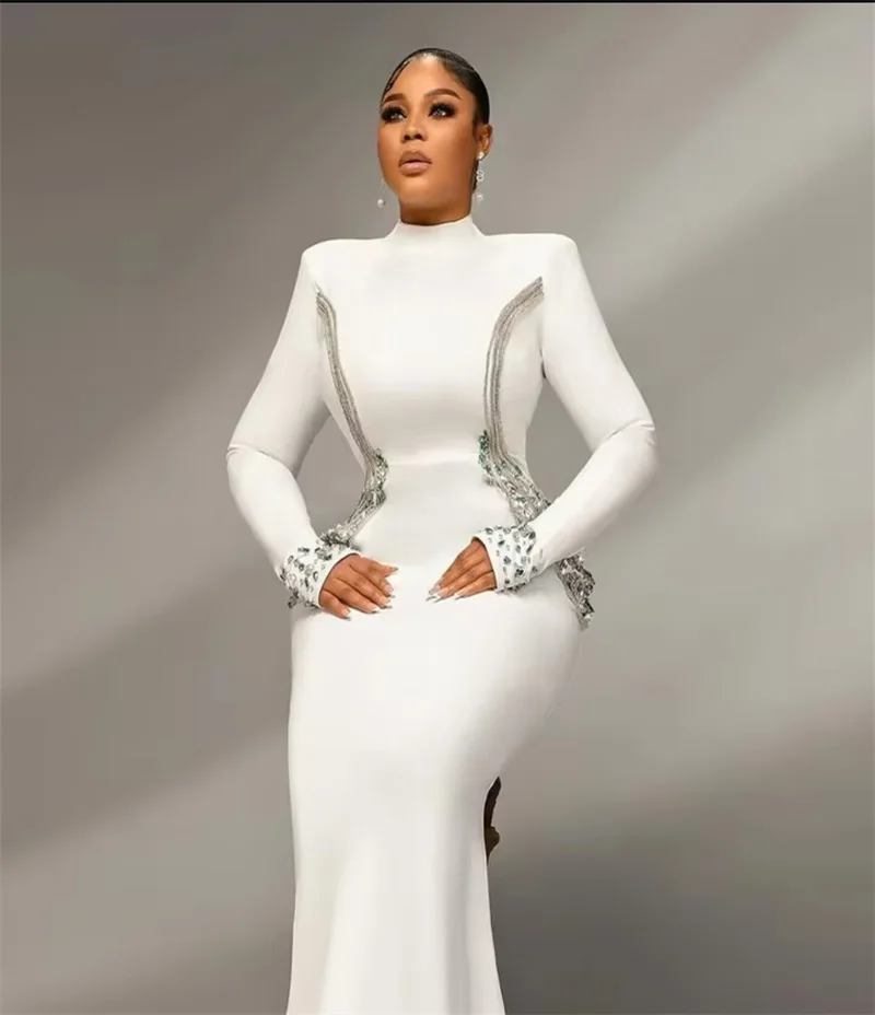 

Crystals White Evening Dress High Neck Full Sleeves Bandage Formal Wedding Birthday Ruffles Hem Slim Sheath Party Prom Gown Robe