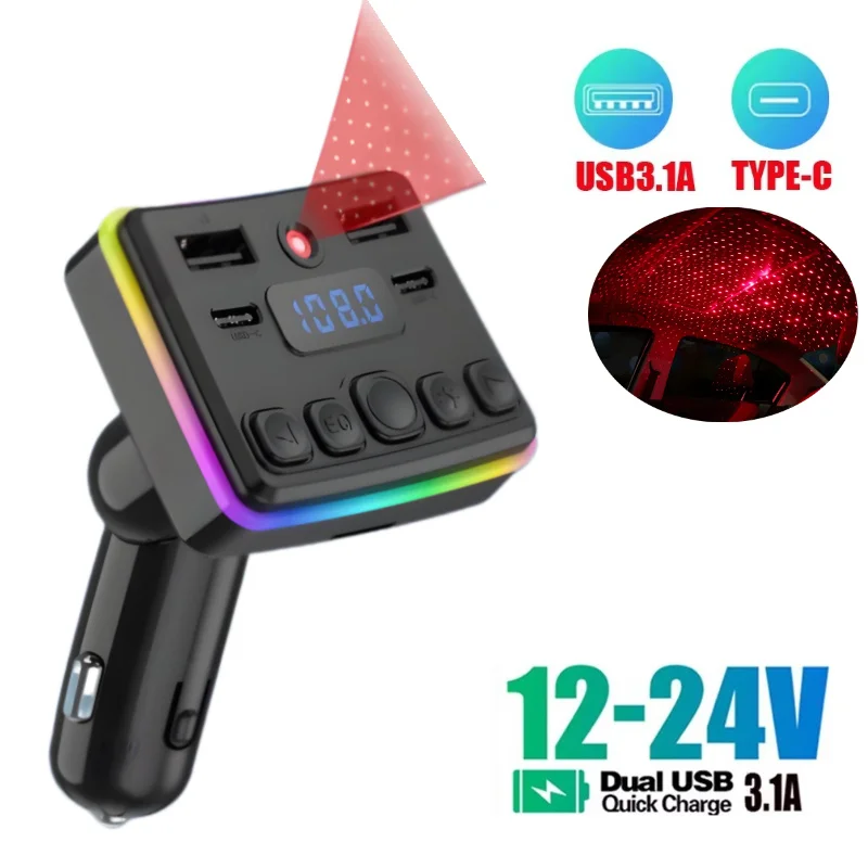 Bluetooth 5.4 Car FM Transmitter PD Type-C Dual USB Ambient Player Handsfree MP3 Type-C PD Car Charger with Star Light