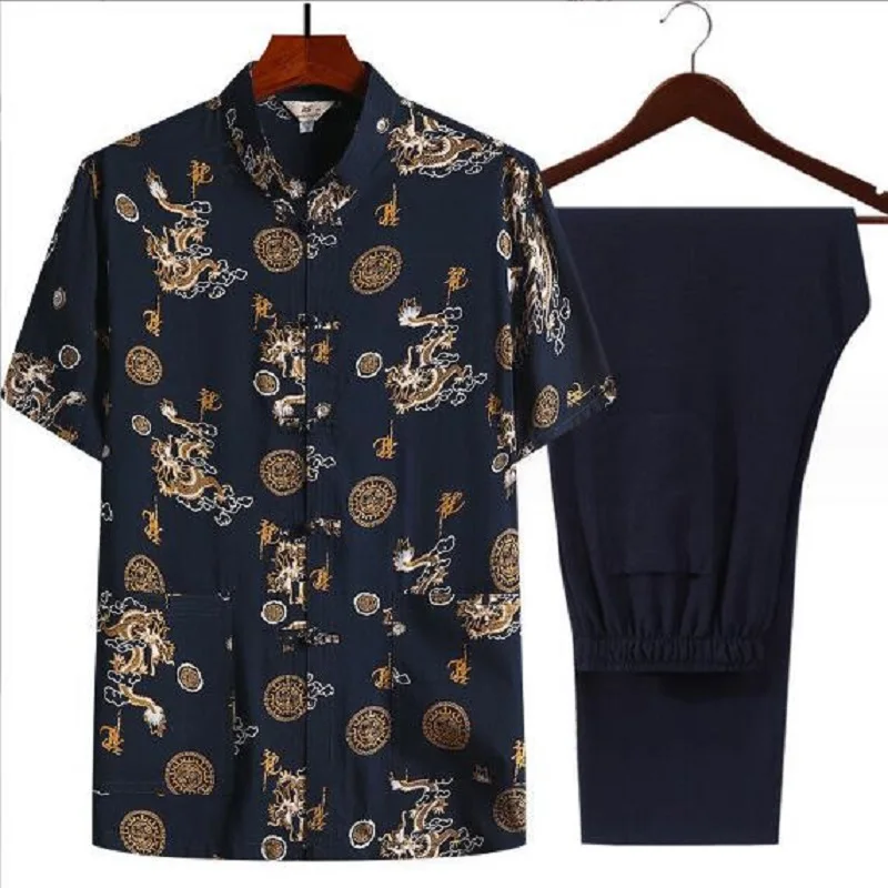 Terno Tang estilo chinês para homens, manga curta top de linho de algodão, casaco, camisa dragão bordada, jaqueta casual, conjuntos de calças, novo