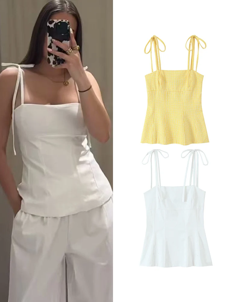 

Summer Women Bow Sling Top Female New Fashion Sexy Sleeveless High Street Side Zipper Slim Tops 2025 New Bow Lace Up Tops