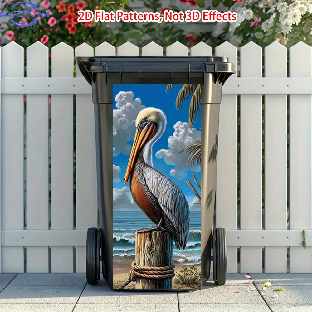 Pelican on Pier Print Self-Adhesive Trash Can Sticker, Ideal for Gardens & Outdoor Trash Cans, Kitchen & Wall Decor, Bright an