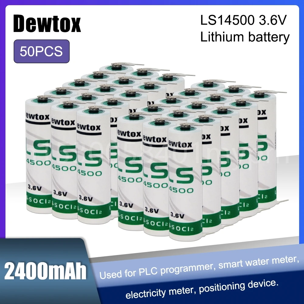 

50pcs 3.6V LS14500 ER14505 14500 TL5104 Lithium Battery with Pins for PLC Equipment CNC Machine Gas Meter Primary Batteries