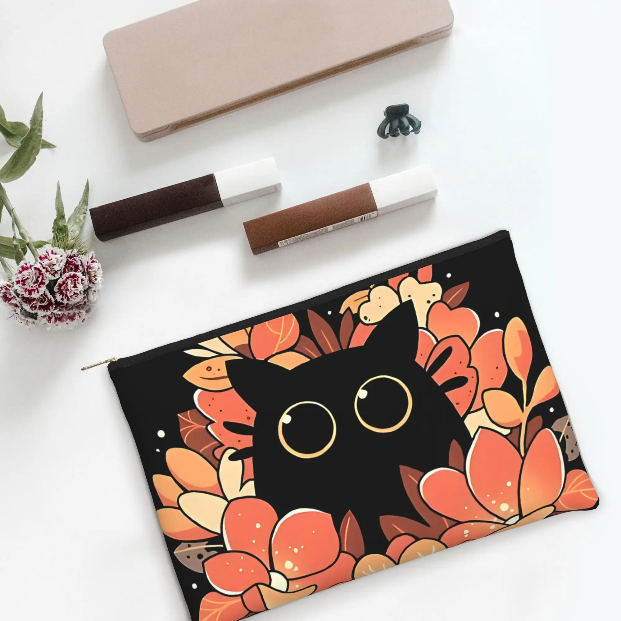 Stylish Cute pouch Cute Floral Black Cat  Makeup Bag  Toiletry Bag with Zipper