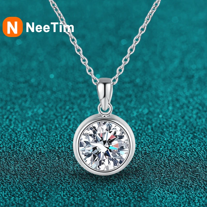 NeeTim 3ct Moissanite Diamond Pendant Necklace 925 Sterling Sliver Round Shape Necklaces Wedding Bridal Fine Jewelry For Women