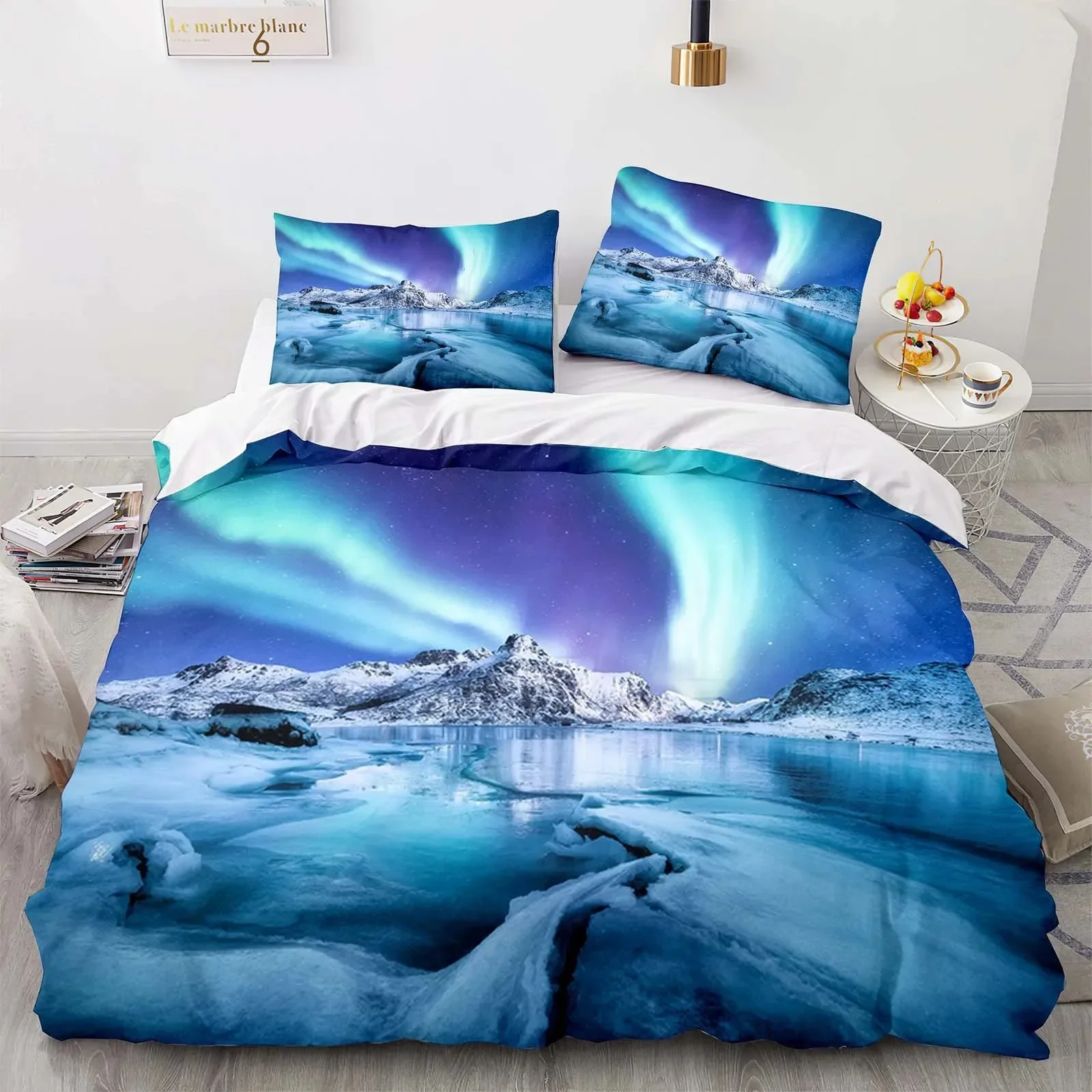 Mountain Aurora Bedding Set Romantic Galaxy Landscape Bedclothes Single Double Queen  Twin Full Size Duvet Cover Women Bed Linen