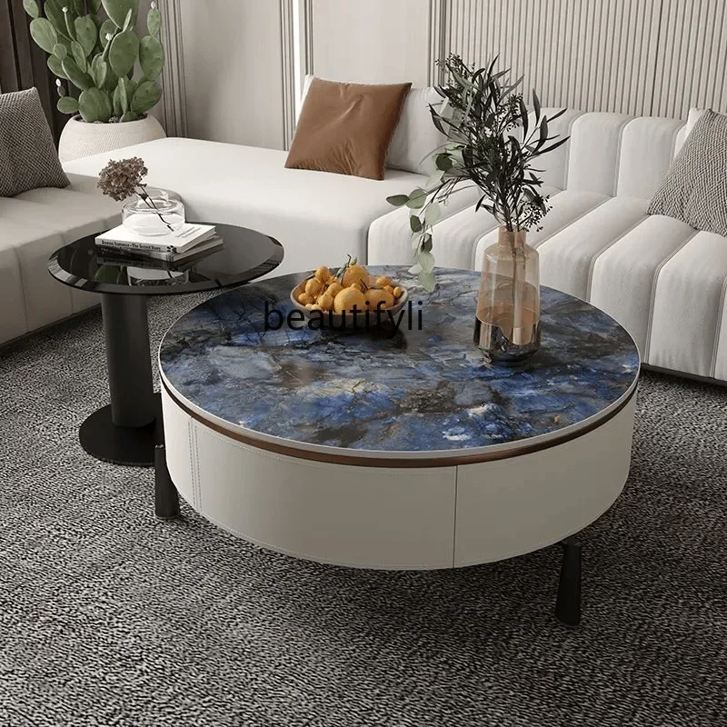 

LJYItalian Minimalist Round Stone Coffee Table Set for Living Room, Small Apartment, Modern Simple Style