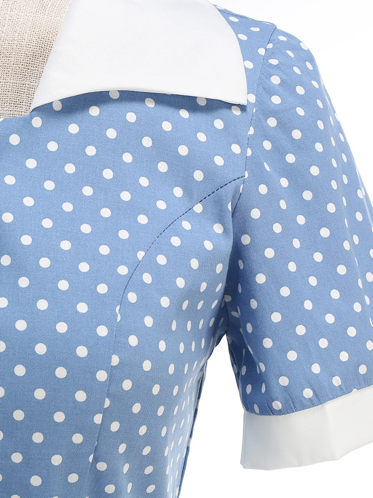 Tonval Retro-Kleider für Damen, 2025, Umlegekragen, Knöpfe vorne, Gürtel, gepunktet, Baumwolle, Rockabilly-Flare-Midikleid – Detail 7