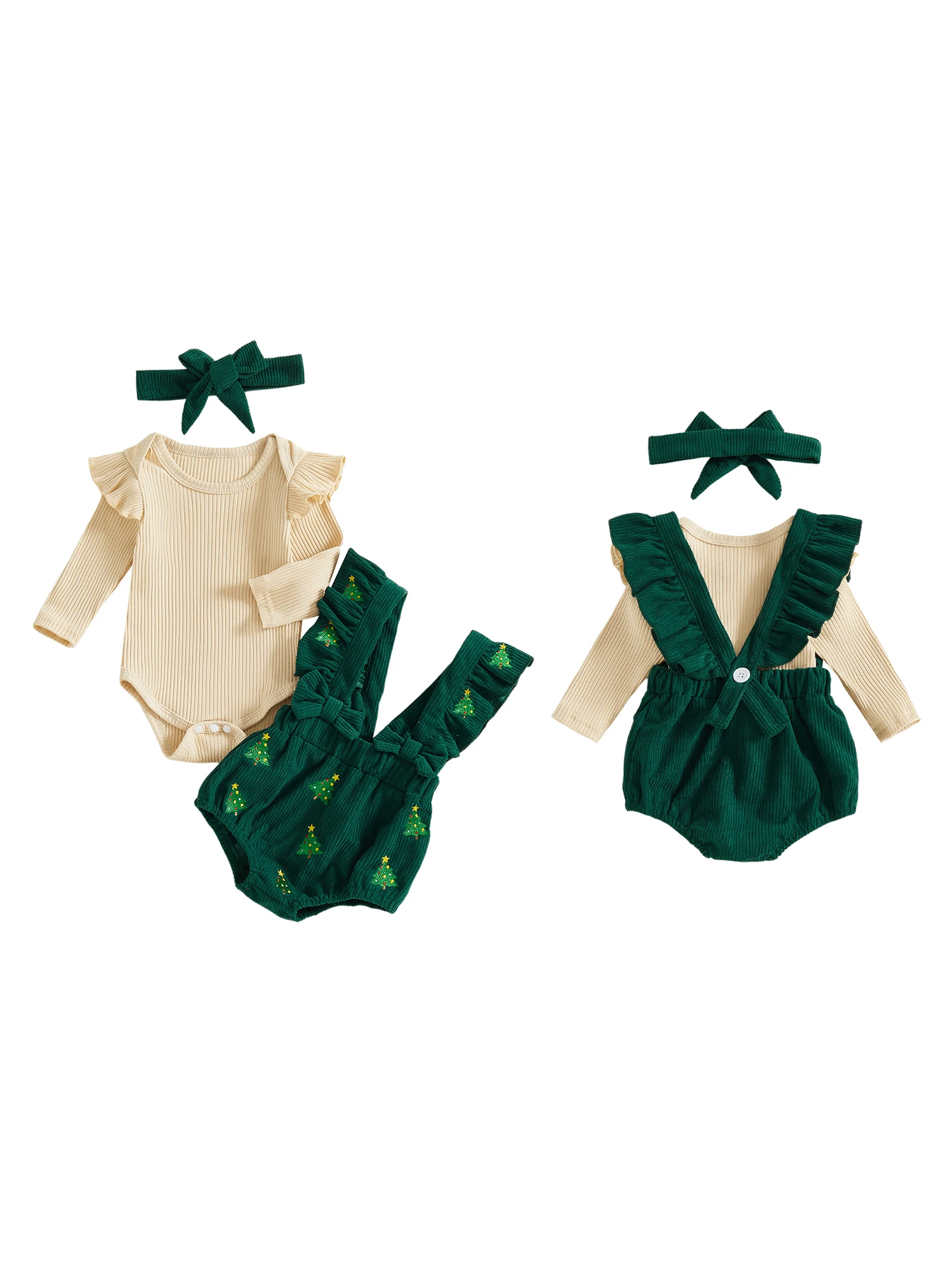 

Рождественский наряд для маленьких девочек. Очаровательный комбинезон с длинными рукавами, комбинезоны с Санта-Клаусом и елкой и подходящей повязкой на голову для праздника.