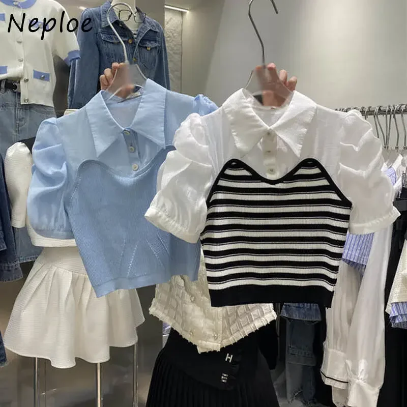 Neploe 2024 Summer Commuter Stripe Manica corta Maglia Splice Camicia Femme Stile college giapponese Dolce e carino Camicette versatili