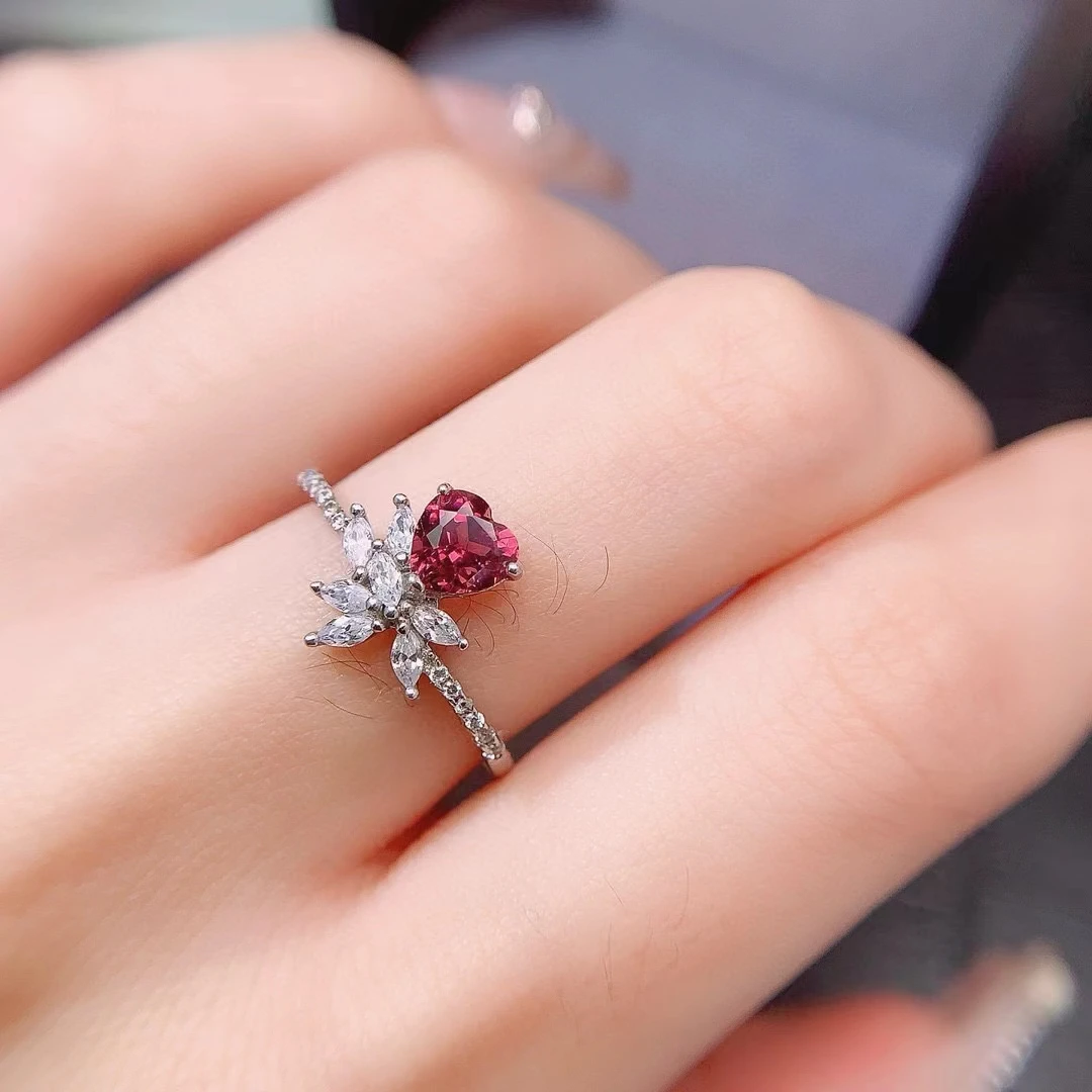 

VVS Natural Pyrope Garnet Silver Ring Heart Shape Garnet Ring with Gold Plated Pure 925 Silver Crystal Jewelry for Daily Wear