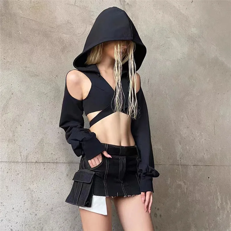 New Women's Solid Color Slim Fit with Exposed Navel Fashion Hooded Long Sleeved T-shirt for Women