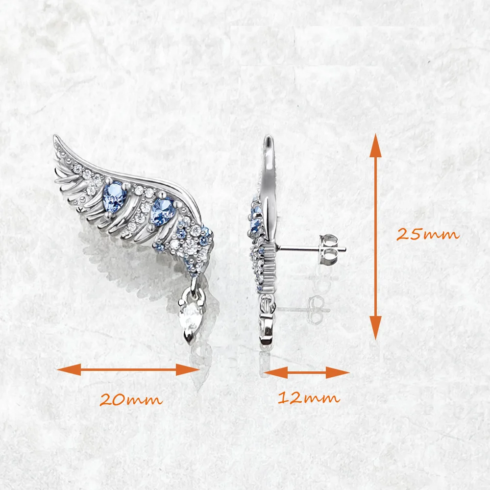 Phoenix Wing with Blue Stones Ear Studs Europe Fine Jewerly For Women Bohemia Gift In Solid 925 Sterling Silver